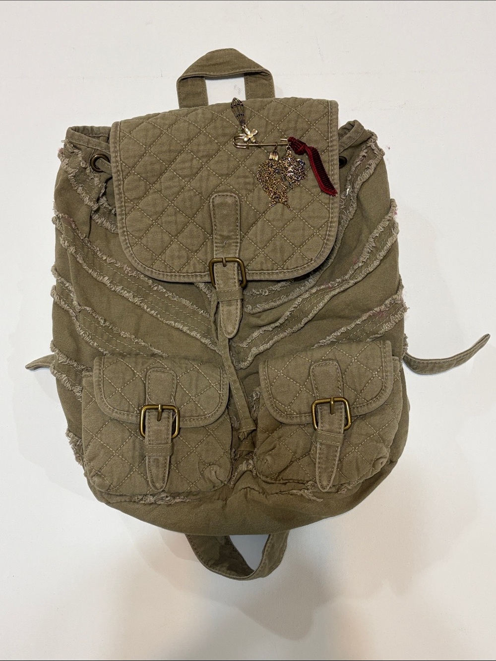 Express Olive Green Distressed Canvas Backpack Quilted Boho Utility